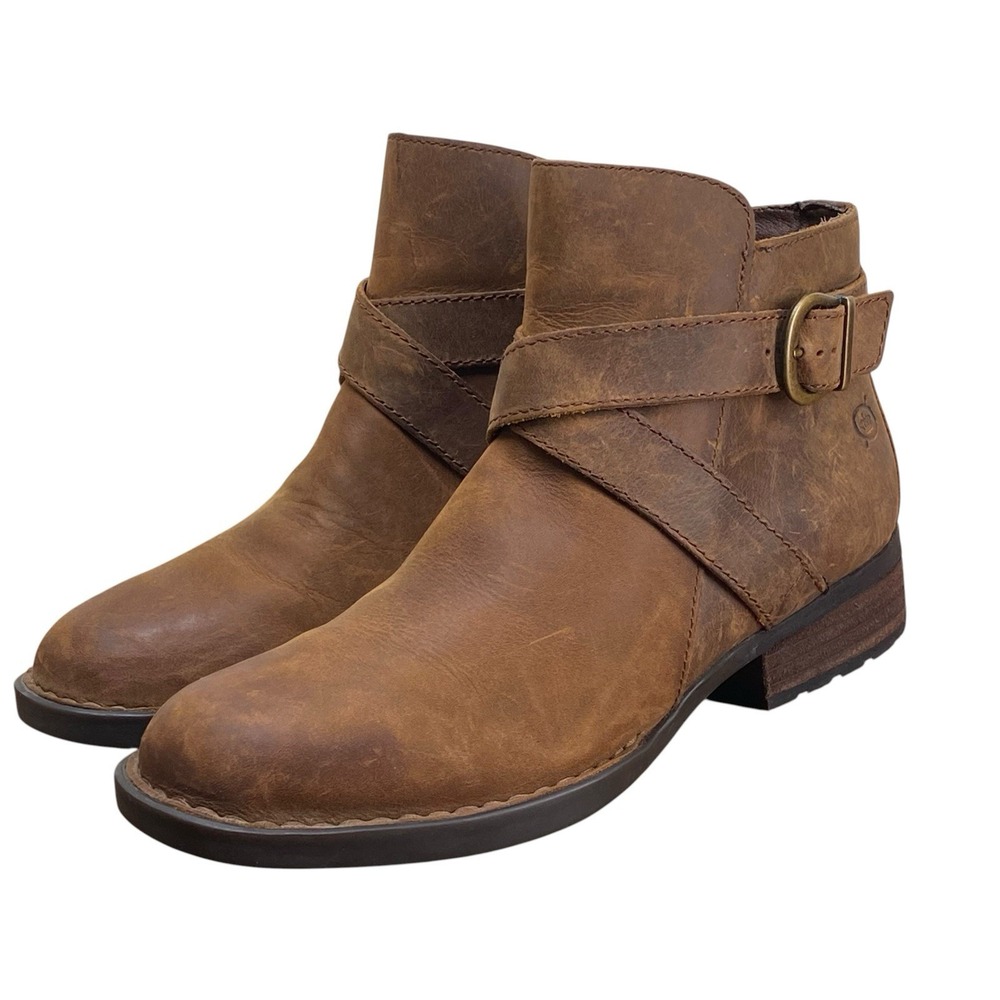 Born Trinculo F11406 Ankle Boots 7M Brown Leather Buckle Strap Side Zip